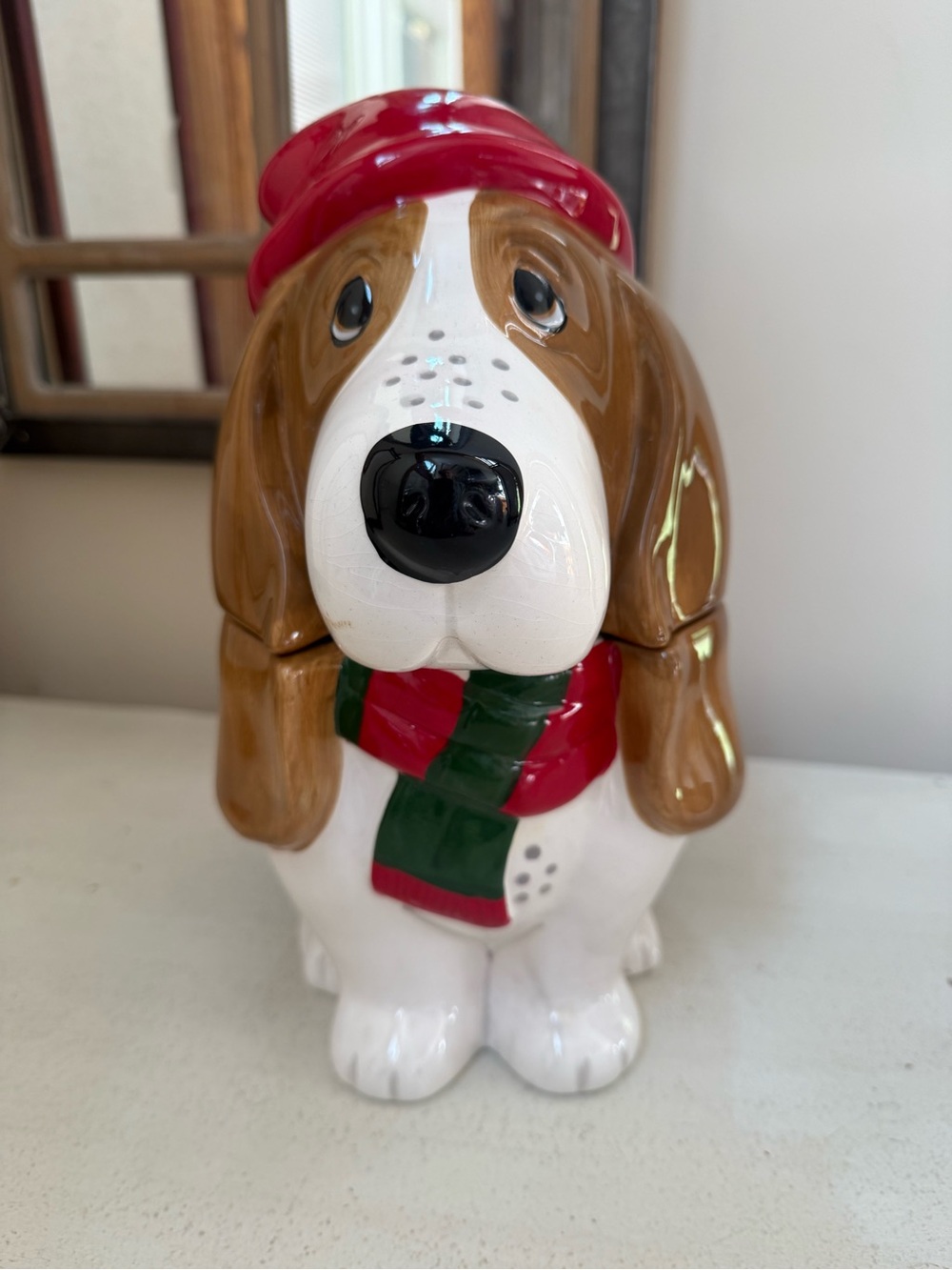 The first Pioneer Woman Brown & White Dog Cookie Jar with Red Hat